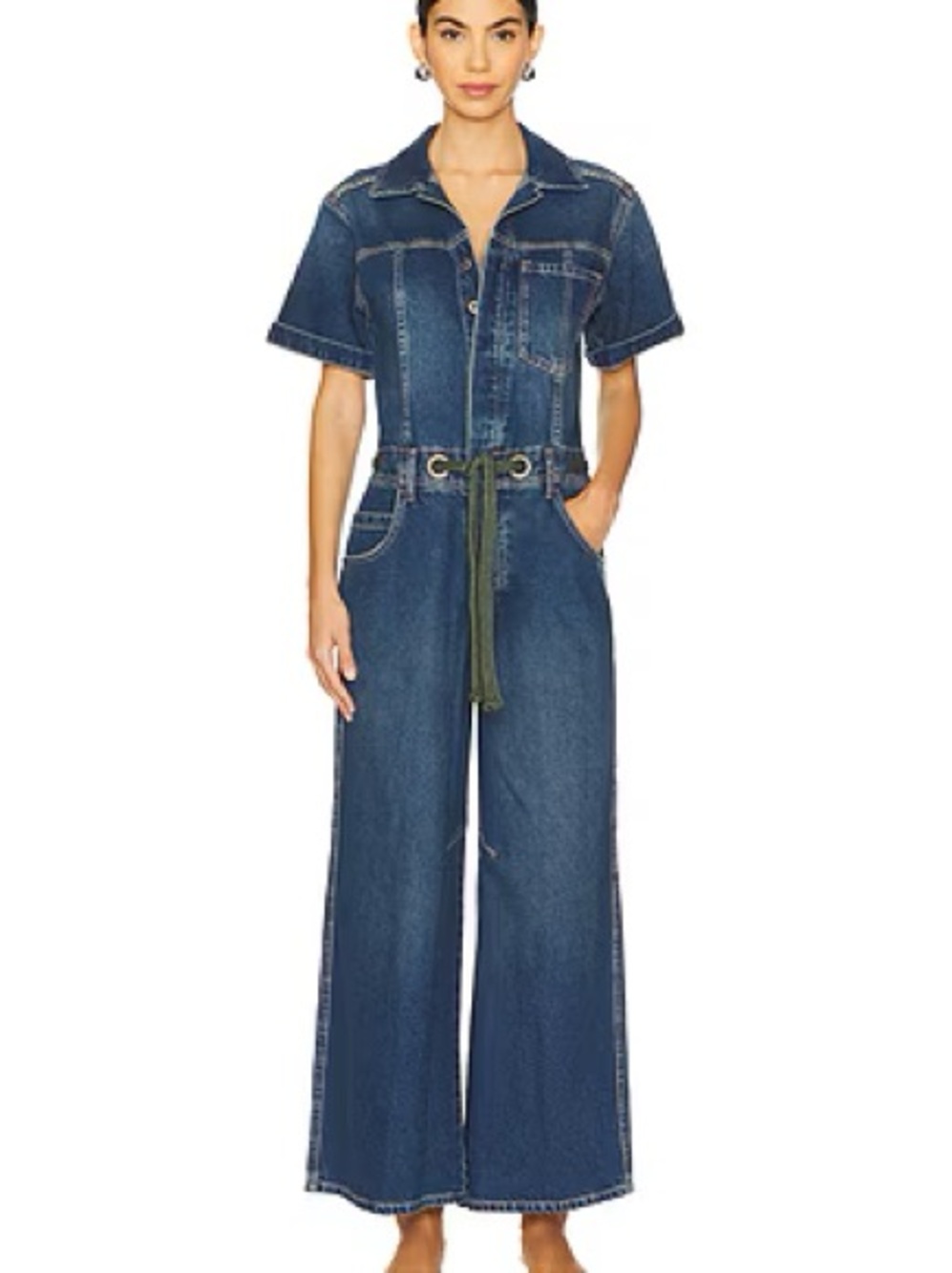 Free People Dark Blue Denim Wide-Leg Overalls